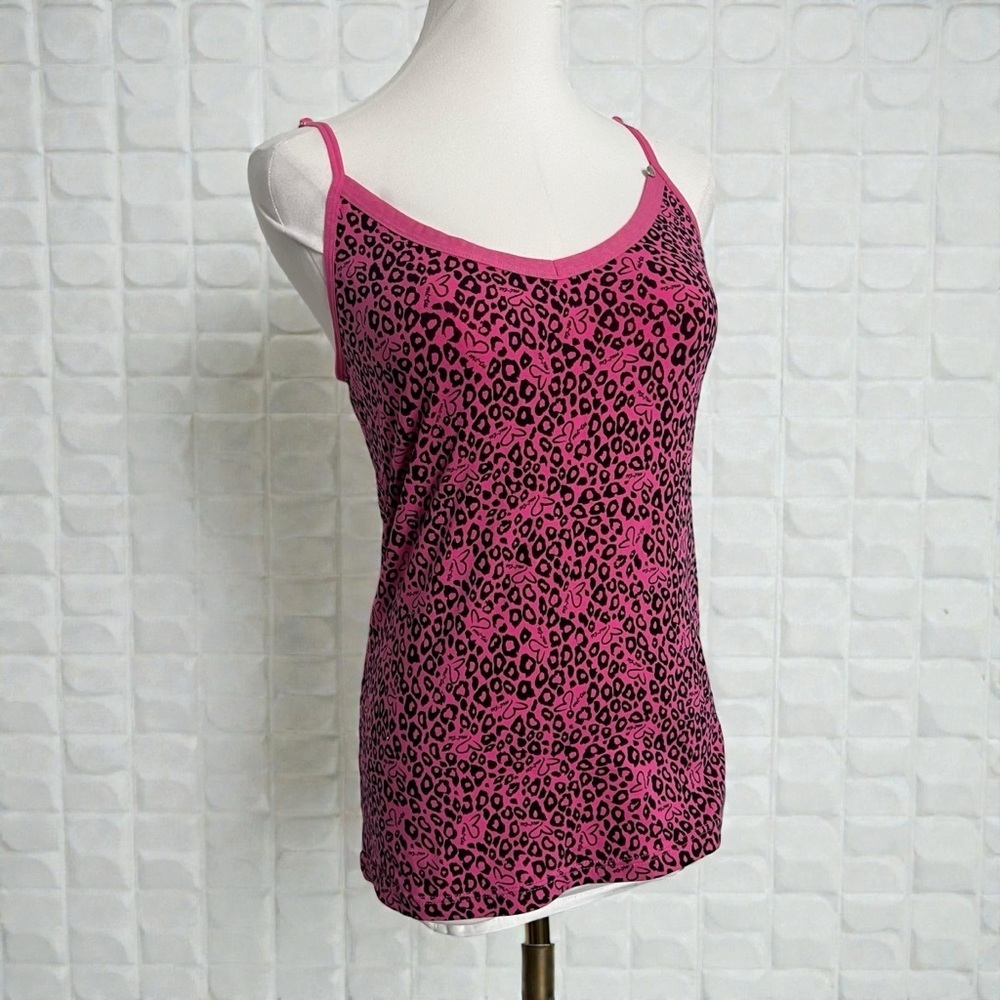 Y2K Pink Leopard Print Cami Top Heart Scribble Spaghetti Strap Tank  L